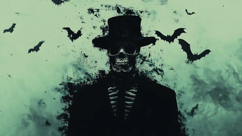Dapper skeleton in top hat emerges amid swirling bats.