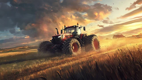 Red tractor drives through dusty field at dramatic sunset