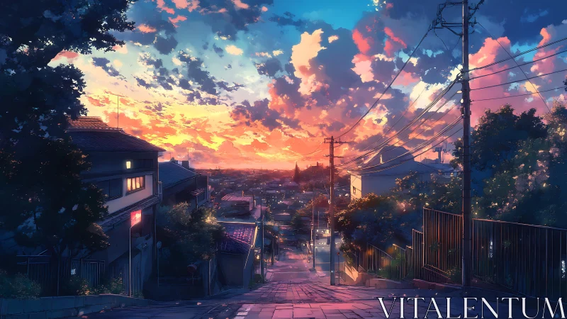 Twilight urban slope under luminous painterly sunset sky.