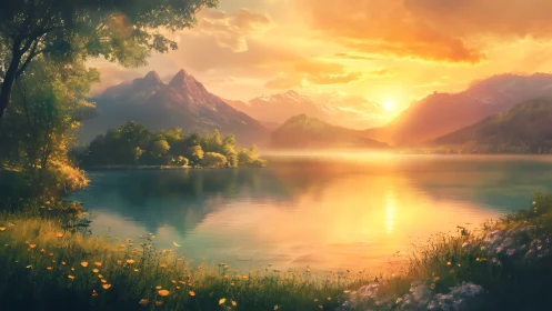 Sun-drenched mountain lake dreaming in molten gold hush.