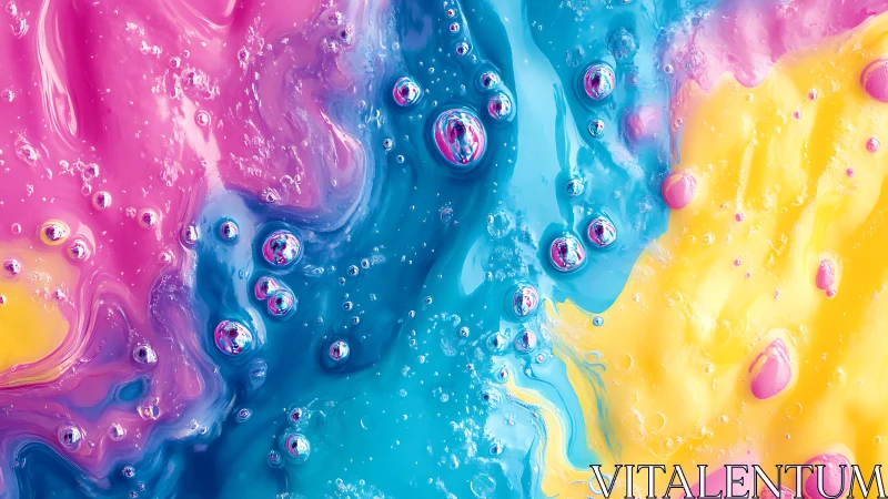 Vibrant liquid color waves flow around glossy iridescent bubbles