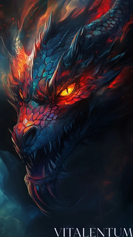 Fiery dragon head emerges from shadow in vivid flame-lit colors.