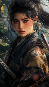 Stoic female warrior in detailed samurai armor portrait.