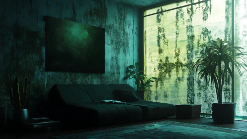 Moody green living room with large window and plants.