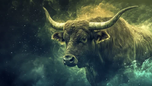 Starlit cosmic bull drifting through swirling nebula clouds.