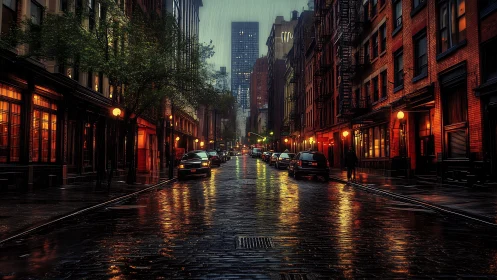 Rain-soaked city street glows with cinematic neon reflections.