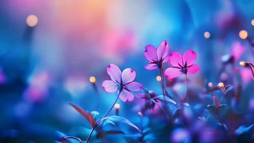 Pink Flowers in Blue Bokeh Garden Scene