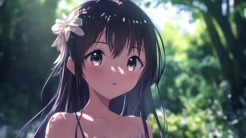 Soft-eyed anime girl basks in dappled forest sunlight.