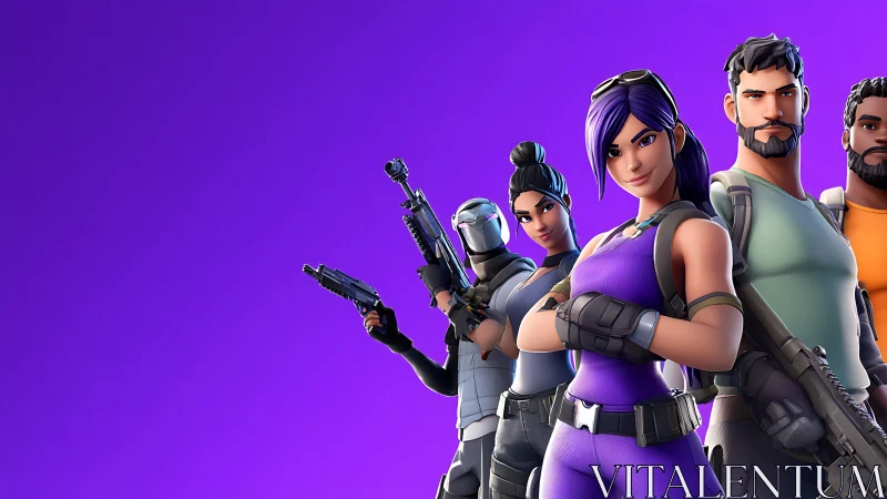 Squad of stylized heroes stand ready against purple void.