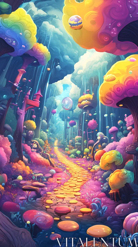Colorful fantasy forest path winds through glowing trees