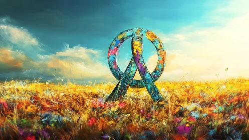 Weathered peace symbol structure in vivid open field.
