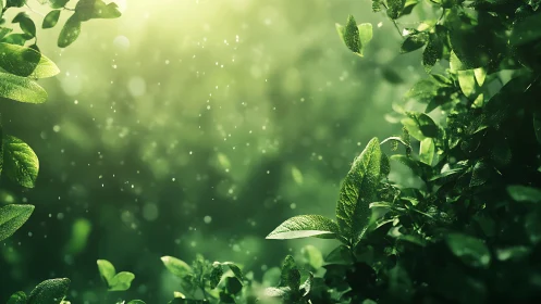 Sunlit Green Leaves with Dew in Lush Nature Background, Soft Focus.