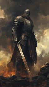 Ashen warborn knight stands amid stormlit battlefield fire.