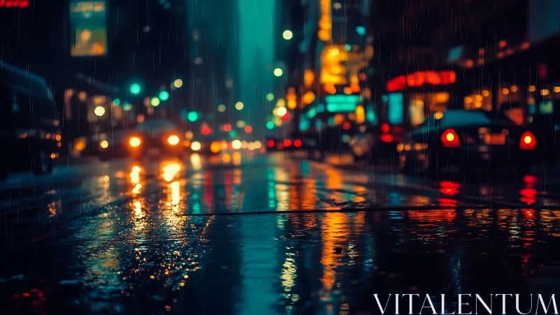 Neon city street in night rain with blurred car lights.