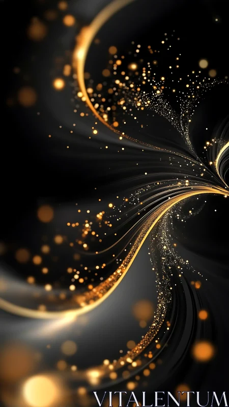Golden light particles curve through dark abstract space