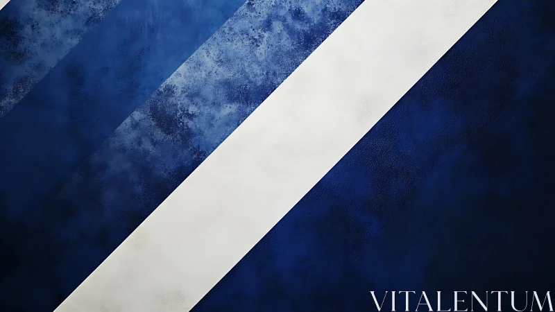 Diagonal blue textures with bold white stripe contrast.
