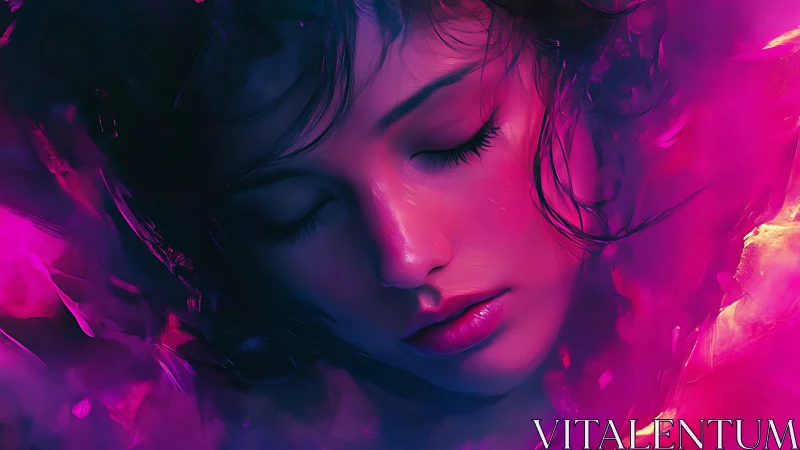 Softly dreaming woman in glowing neon pink and purple haze.