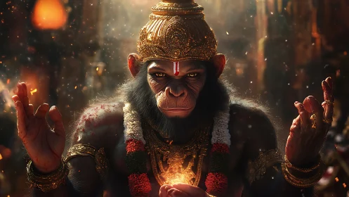 Simian deity avatar in ceremonial regalia amid ember field.
