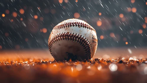 Photorealistic close-up baseball under dramatic stadium rain lighting.