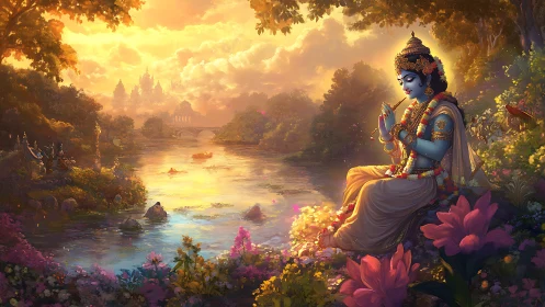 Blue-skinned deity plays flute beside glowing river at dusk.