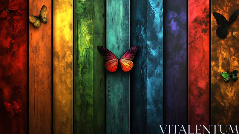 Butterflies rest on vertically striped multicolor panels