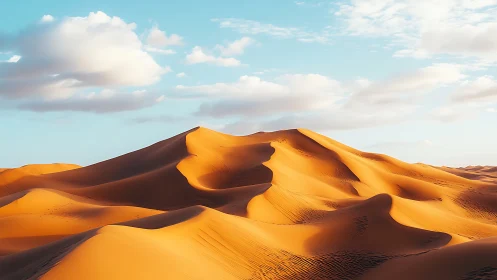 Sunlit desert sand dunes under bright blue sky.