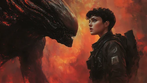 Armored space officer confronting biomechanical alien in flames