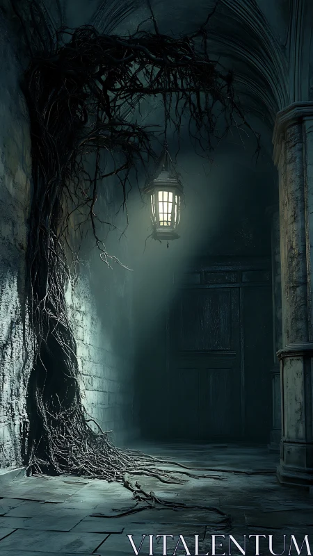 Twisted roots coil beneath a lone lantern in a haunted corridor.