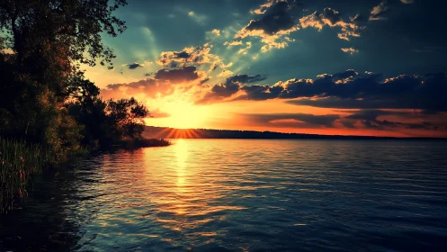 Sunset light over calm lake water and silhouetted trees.