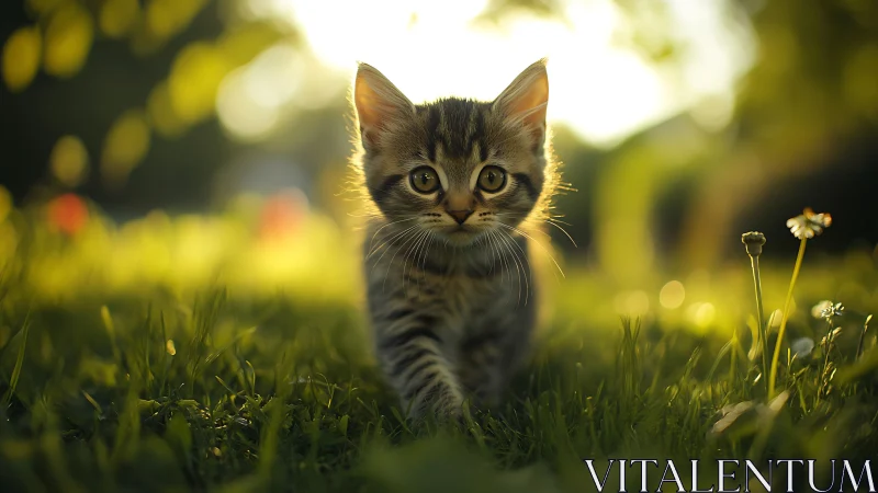 Tabby Kitten in Natural Sunlit Meadow with Selective Focus