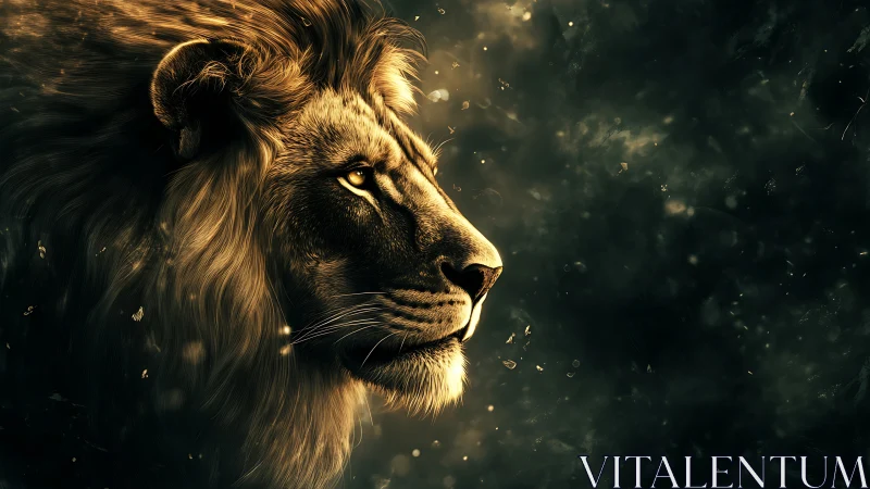 Golden lion profile glows against deep cosmic darkness.