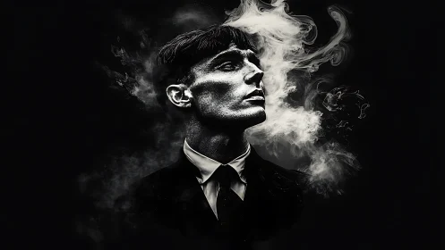 Brooding monochrome portrait engulfed by swirling smoke clouds.