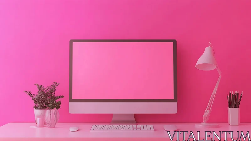 Monochrome pink desktop workspace with minimalist monitor layout