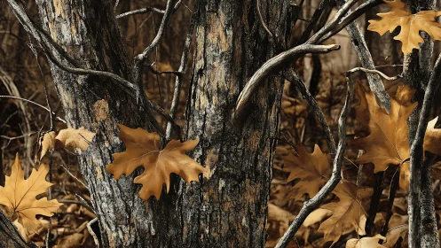 Golden autumn leaves rest gently against weathered forest bark