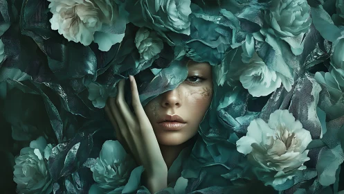 Floral veil muse emerging from teal petals and quiet myth.