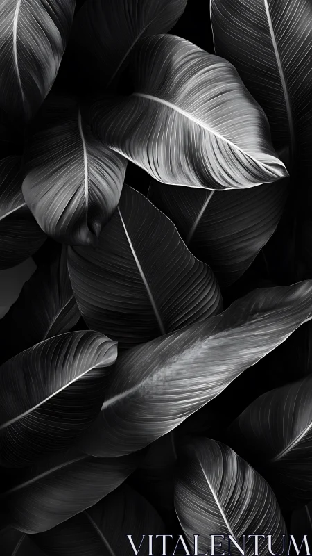 Silver-veined jungle leaves in sculpted monochrome hush.