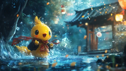 Joyful yellow chick splashes through lantern-lit courtyard pond.