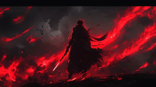 Lone firelit warrior walking through a storm of embers.
