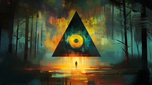 Mysterious forest portal glows around a watching triangle eye