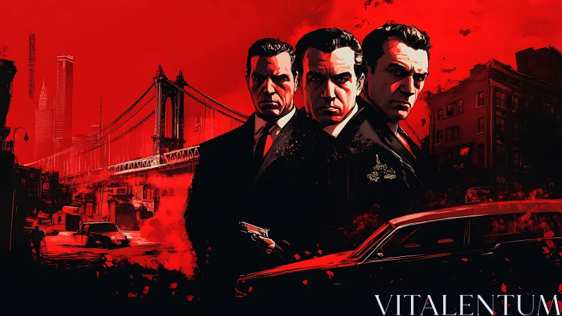 Three suited men stand before red cityscape and bridge