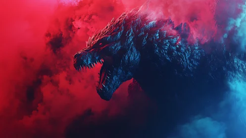 Roaring monster silhouette in red and blue smoke clouds.