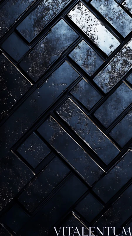 Midnight metallic tiles form reflective herringbone grid.