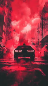 Muscle car ignites neon-red city street in dense smoke.