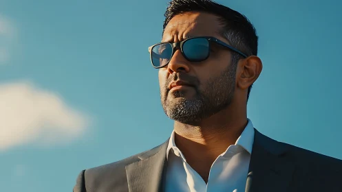 Confident man in sunglasses gazes ahead under a bright sky
