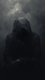 Hooded figure in darkness with obscured face and gloves.