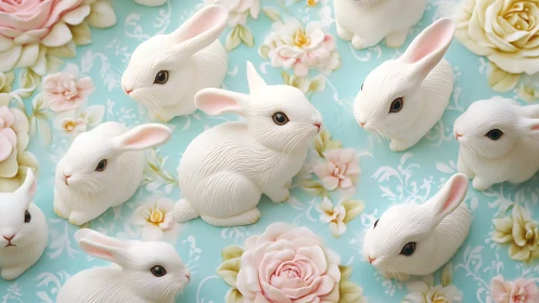 Porcelain white rabbits amid pastel floral blossoms on teal.
