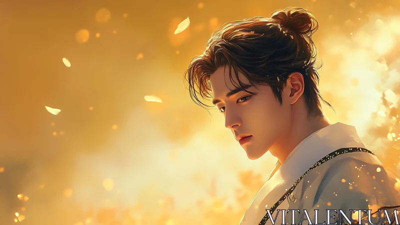 Golden bokeh portrait of contemplative youth in ember haze.