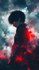 Storm-lit ember boy carves a silhouette from burning night