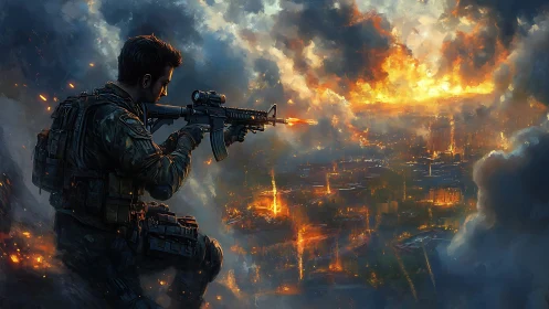 Soldier aims rifle over burning futuristic city at dusk.