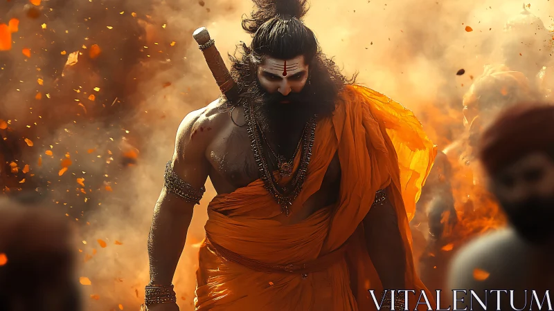 Fire-wreathed warrior sage strides through swirling embers.